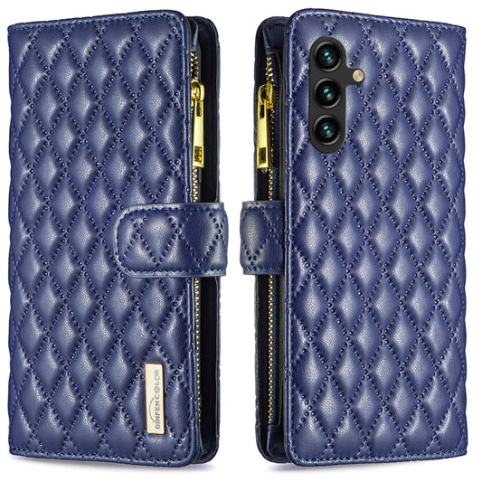 BINFEN COLOR BF Style-15 For Samsung Galaxy A16 5G / A16 4G Leather Case Zipper Pocket Rhombus Phone Cover - Blue