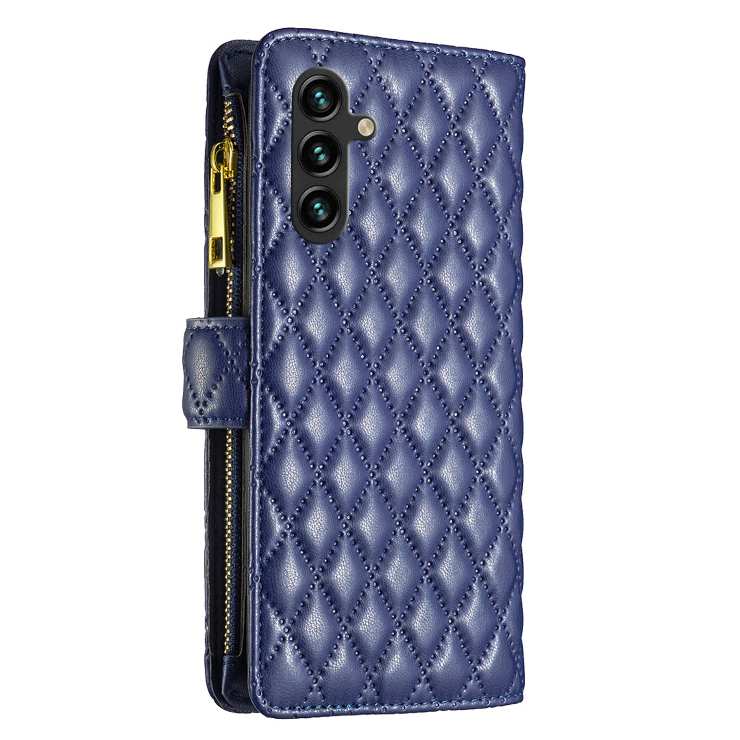 BINFEN COLOR BF Style-15 For Samsung Galaxy A16 5G / A16 4G Leather Case Zipper Pocket Rhombus Phone Cover - Blue