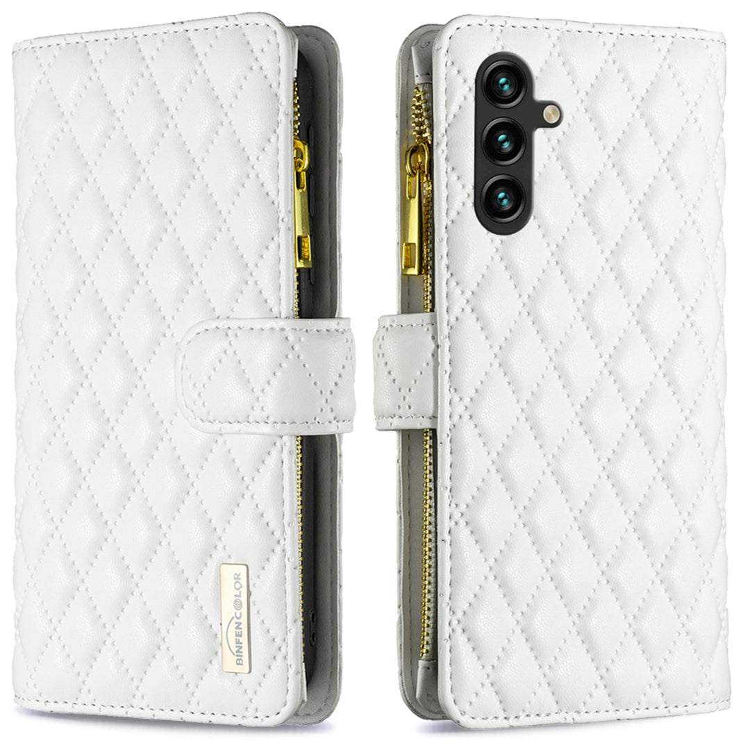 BINFEN COLOR BF Style-15 For Samsung Galaxy A16 5G / A16 4G Leather Case Zipper Pocket Rhombus Phone Cover - White