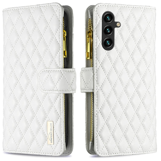 BINFEN COLOR BF Style-15 For Samsung Galaxy A16 5G / A16 4G Leather Case Zipper Pocket Rhombus Phone Cover - White