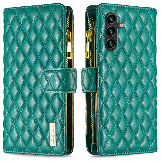 BINFEN COLOR BF Style-15 For Samsung Galaxy A16 5G / A16 4G Leather Case Zipper Pocket Rhombus Phone Cover - Green