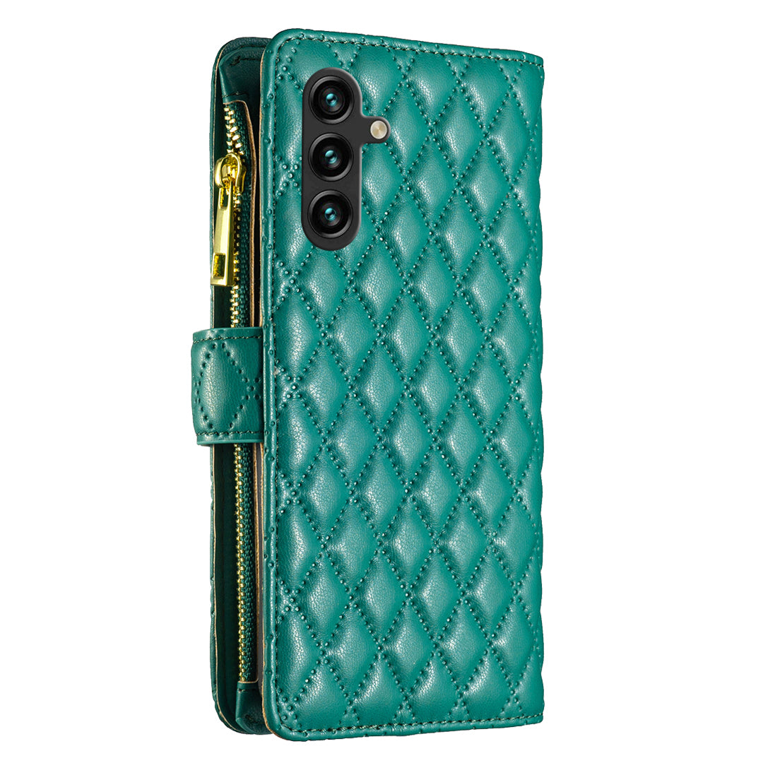 BINFEN COLOR BF Style-15 For Samsung Galaxy A16 5G / A16 4G Leather Case Zipper Pocket Rhombus Phone Cover - Green