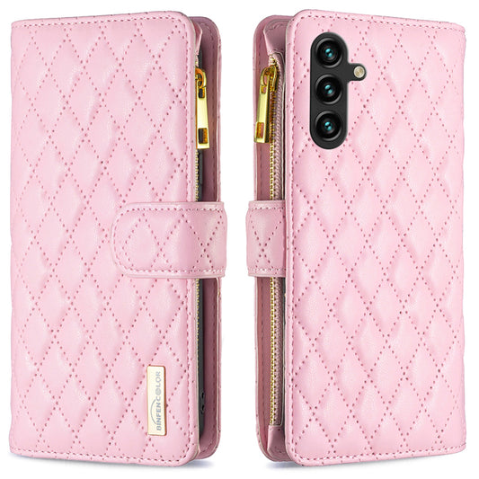 BINFEN COLOR BF Style-15 For Samsung Galaxy A16 5G / A16 4G Leather Case Zipper Pocket Rhombus Phone Cover - Pink