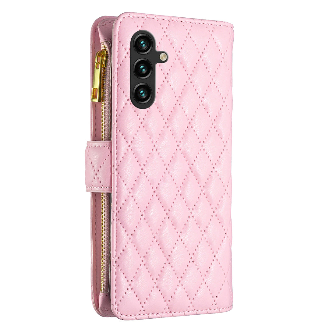 BINFEN COLOR BF Style-15 For Samsung Galaxy A16 5G / A16 4G Leather Case Zipper Pocket Rhombus Phone Cover - Pink