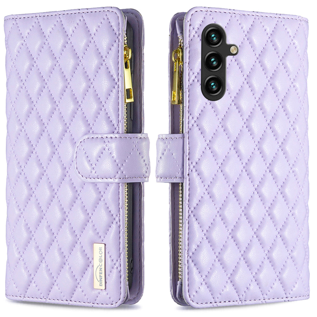 BINFEN COLOR BF Style-15 For Samsung Galaxy A16 5G / A16 4G Leather Case Zipper Pocket Rhombus Phone Cover - Purple