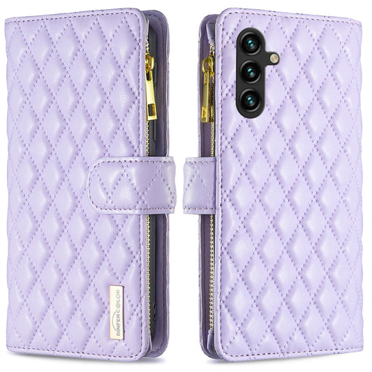 BINFEN COLOR BF Style-15 For Samsung Galaxy A16 5G / A16 4G Leather Case Zipper Pocket Rhombus Phone Cover - Purple