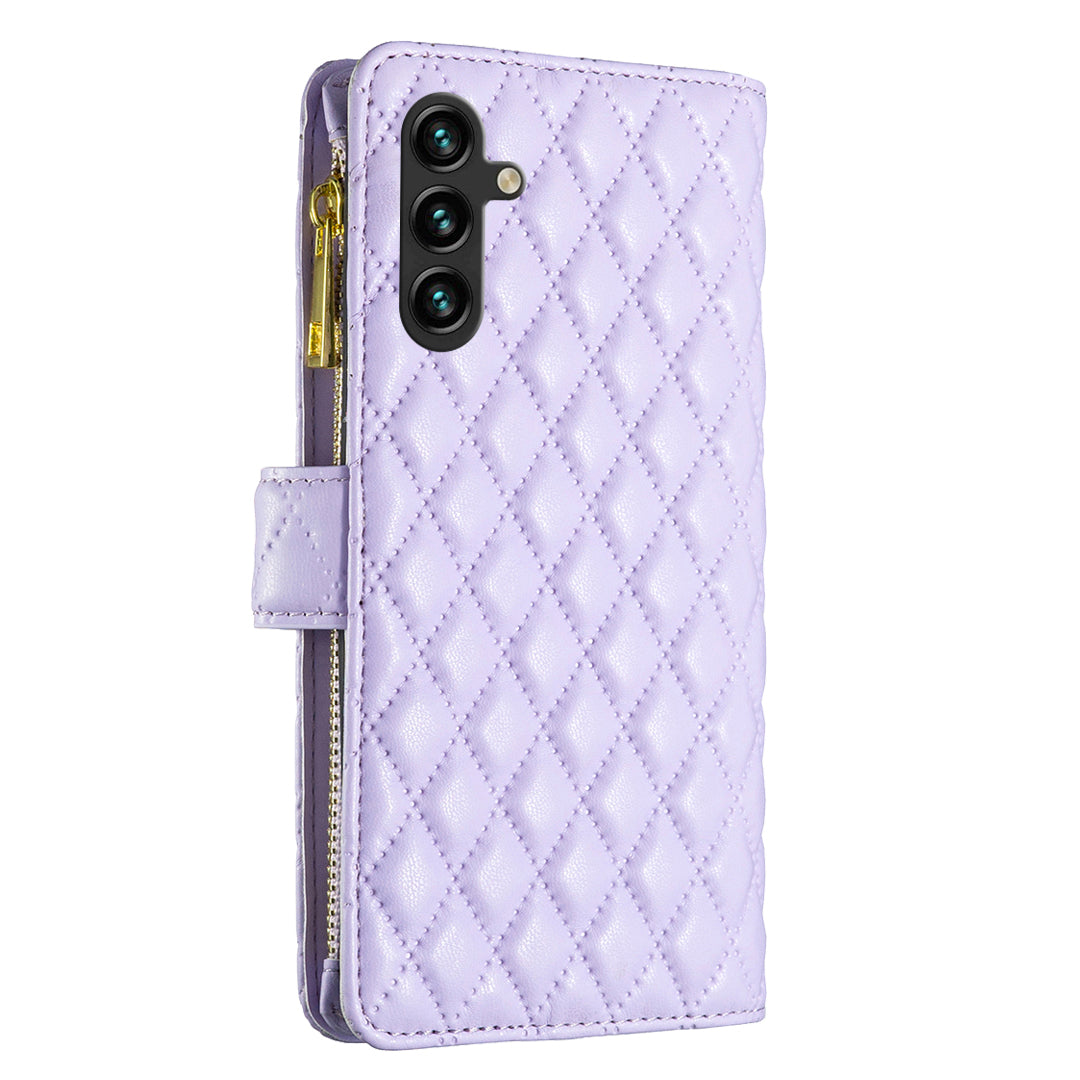 BINFEN COLOR BF Style-15 For Samsung Galaxy A16 5G / A16 4G Leather Case Zipper Pocket Rhombus Phone Cover - Purple