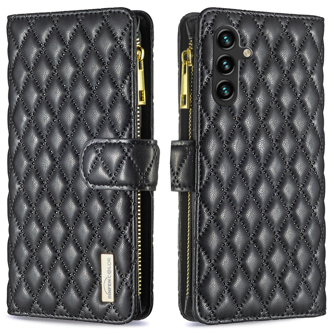 BINFEN COLOR BF Style-15 For Samsung Galaxy A16 5G / A16 4G Leather Case Zipper Pocket Rhombus Phone Cover - Black