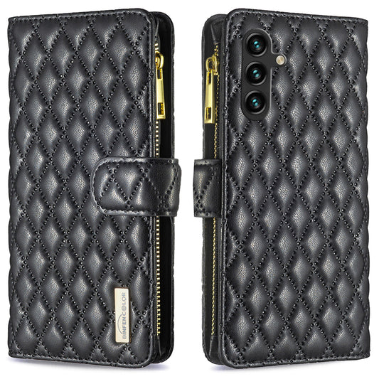 BINFEN COLOR BF Style-15 For Samsung Galaxy A16 5G / A16 4G Leather Case Zipper Pocket Rhombus Phone Cover - Black