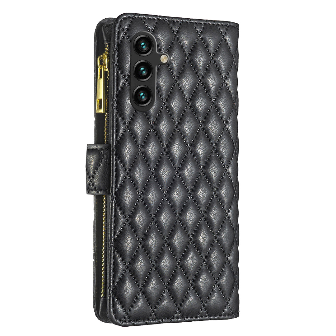 BINFEN COLOR BF Style-15 For Samsung Galaxy A16 5G / A16 4G Leather Case Zipper Pocket Rhombus Phone Cover - Black