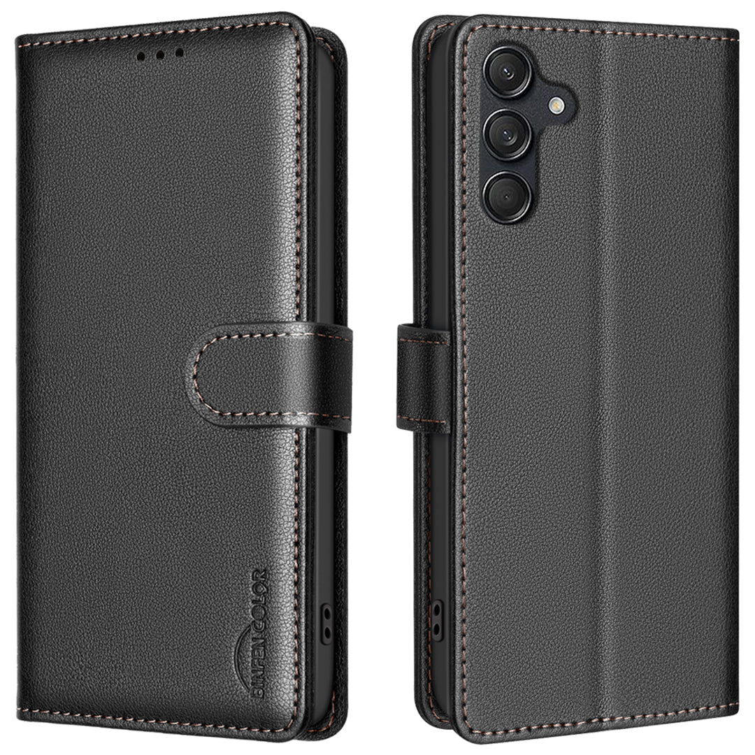 BINFEN COLOR BF32 For Samsung Galaxy A16 5G / A16 4G Leather Case Wallet RFID Blocking Phone Cover - Black