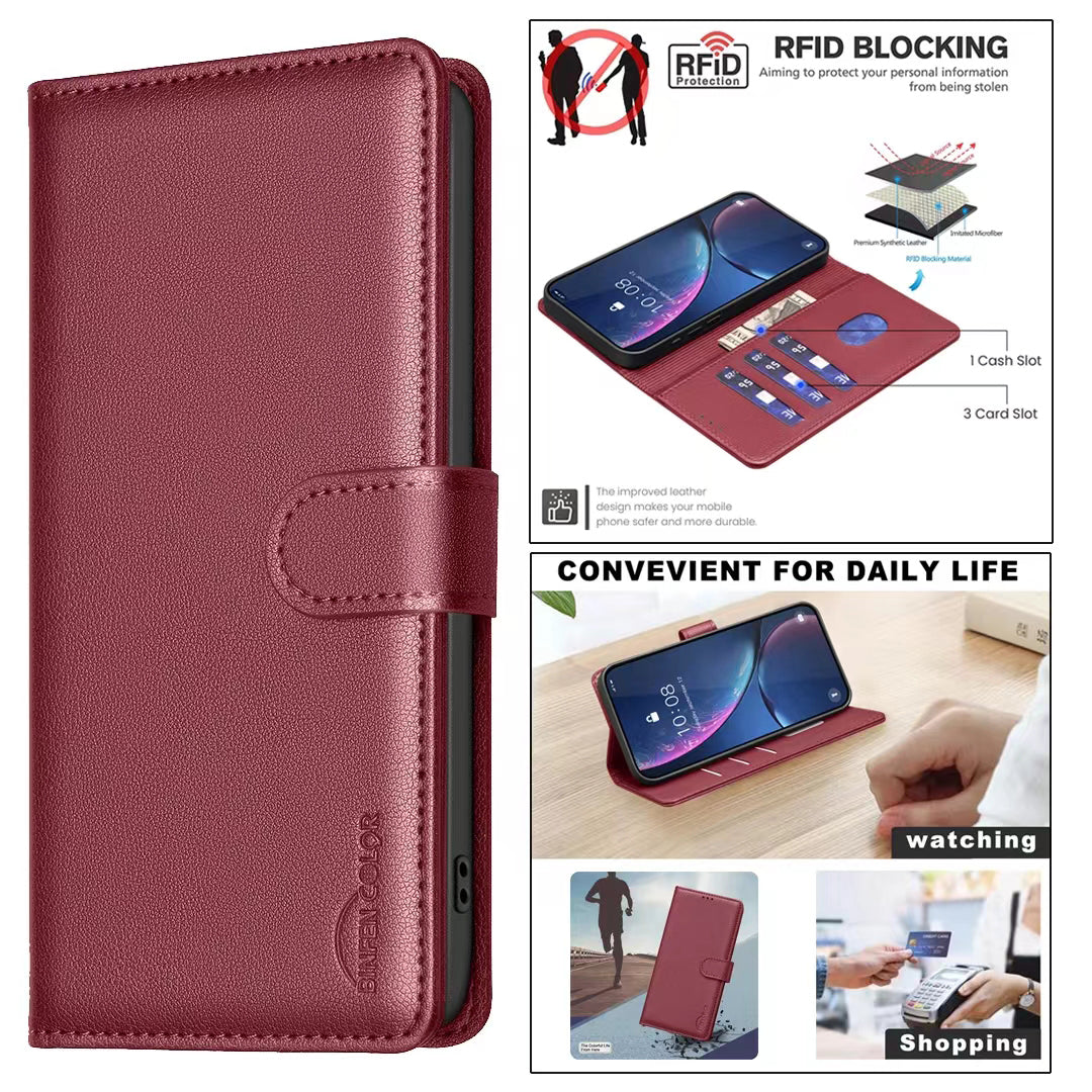 BINFEN COLOR BF32 For Samsung Galaxy A16 5G / A16 4G Leather Case Wallet RFID Blocking Phone Cover - Red