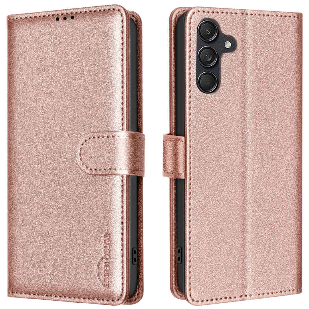 BINFEN COLOR BF32 For Samsung Galaxy A16 5G / A16 4G Leather Case Wallet RFID Blocking Phone Cover - Rose Gold
