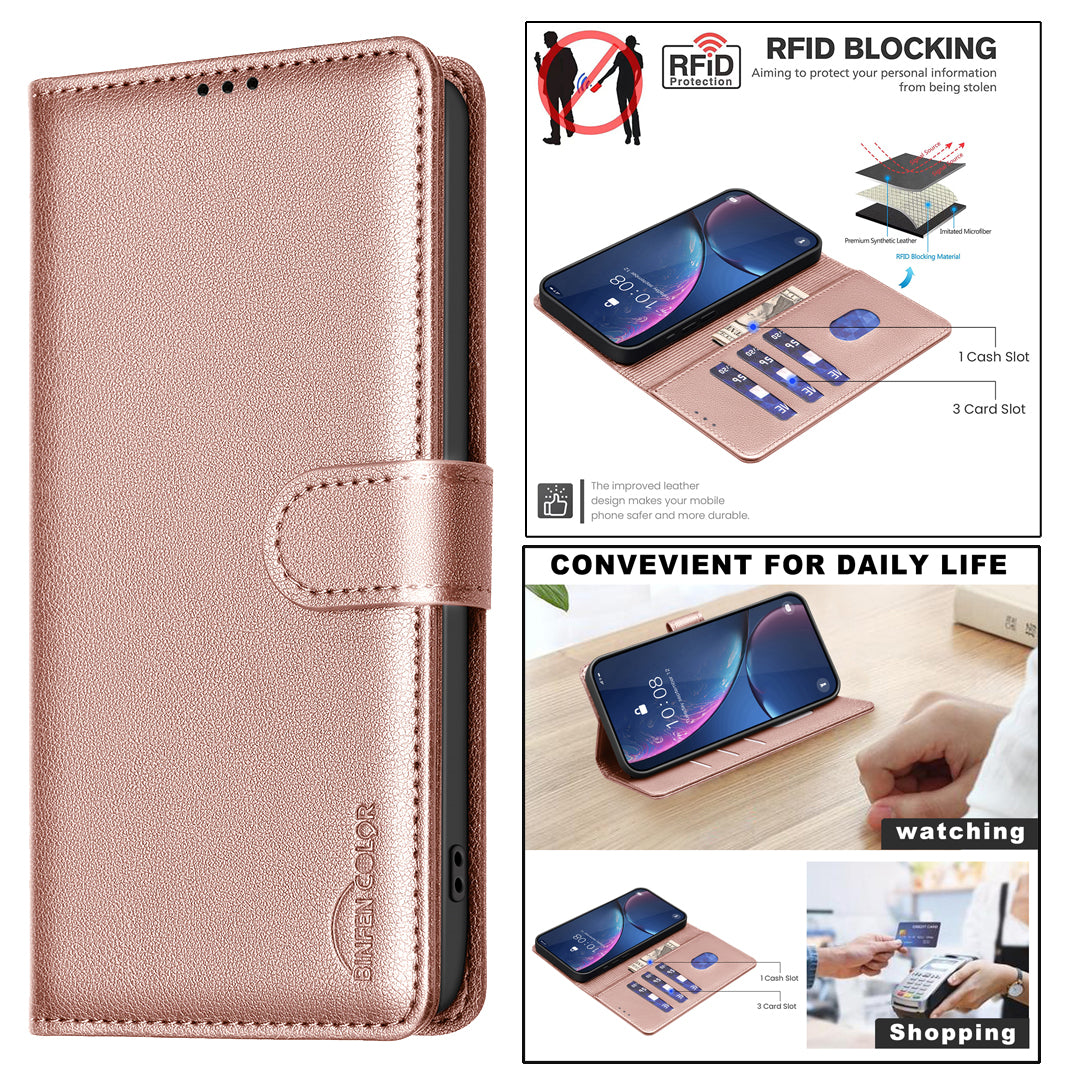 BINFEN COLOR BF32 For Samsung Galaxy A16 5G / A16 4G Leather Case Wallet RFID Blocking Phone Cover - Rose Gold