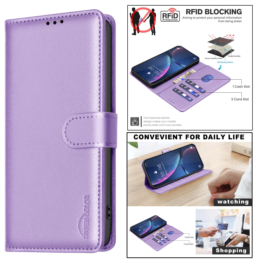 BINFEN COLOR BF32 For Samsung Galaxy A16 5G / A16 4G Leather Case Wallet RFID Blocking Phone Cover - Purple