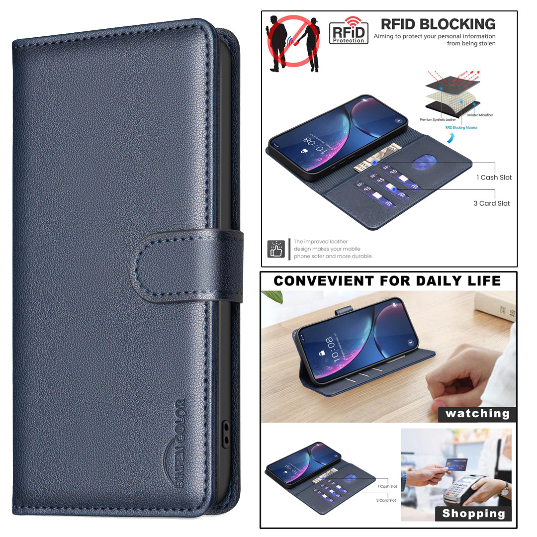 BINFEN COLOR BF32 For Samsung Galaxy A16 5G / A16 4G Leather Case Wallet RFID Blocking Phone Cover - Blue