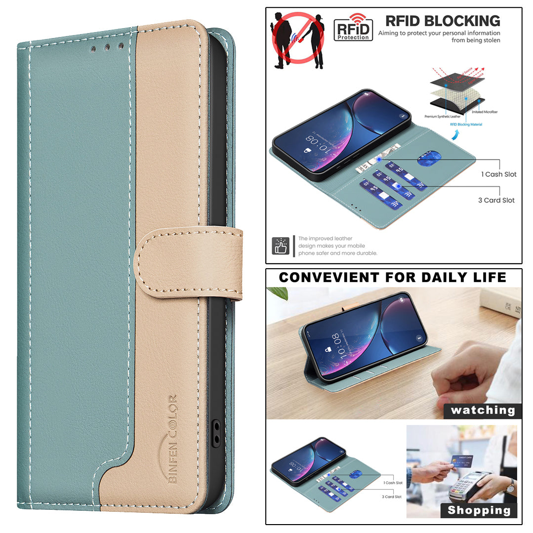BINFEN COLOR BF33 for Samsung Galaxy A16 5G / A16 4G Leather Case Splicing Color RFID Blocking - Green