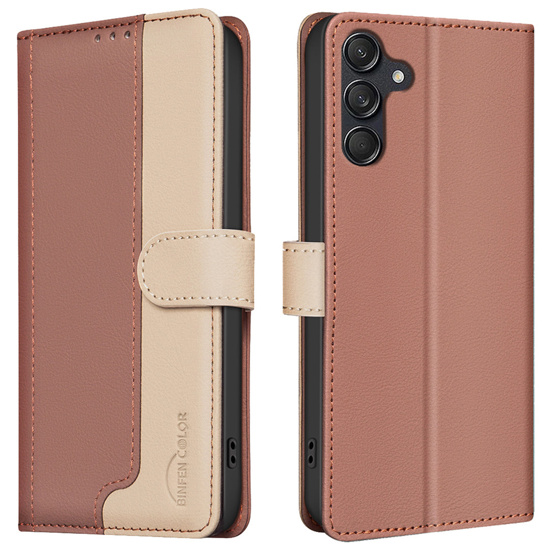 BINFEN COLOR BF33 for Samsung Galaxy A16 5G / A16 4G Leather Case Splicing Color RFID Blocking - Brown