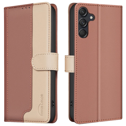 BINFEN COLOR BF33 for Samsung Galaxy A16 5G / A16 4G Leather Case Splicing Color RFID Blocking - Brown