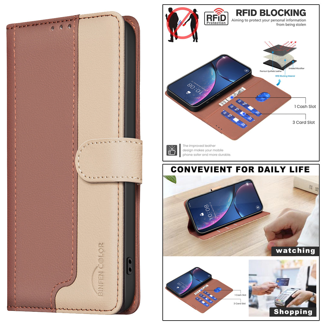 BINFEN COLOR BF33 for Samsung Galaxy A16 5G / A16 4G Leather Case Splicing Color RFID Blocking - Brown