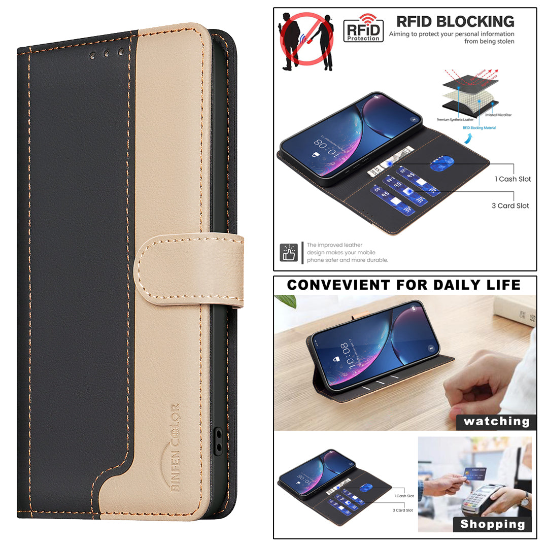 BINFEN COLOR BF33 for Samsung Galaxy A16 5G / A16 4G Leather Case Splicing Color RFID Blocking - Black
