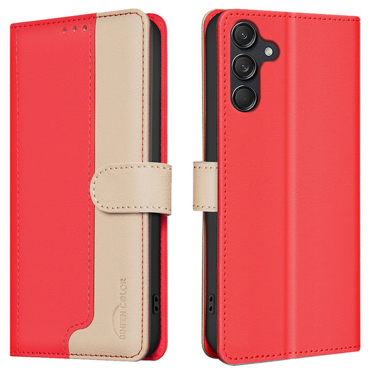 BINFEN COLOR BF33 for Samsung Galaxy A16 5G / A16 4G Leather Case Splicing Color RFID Blocking - Red