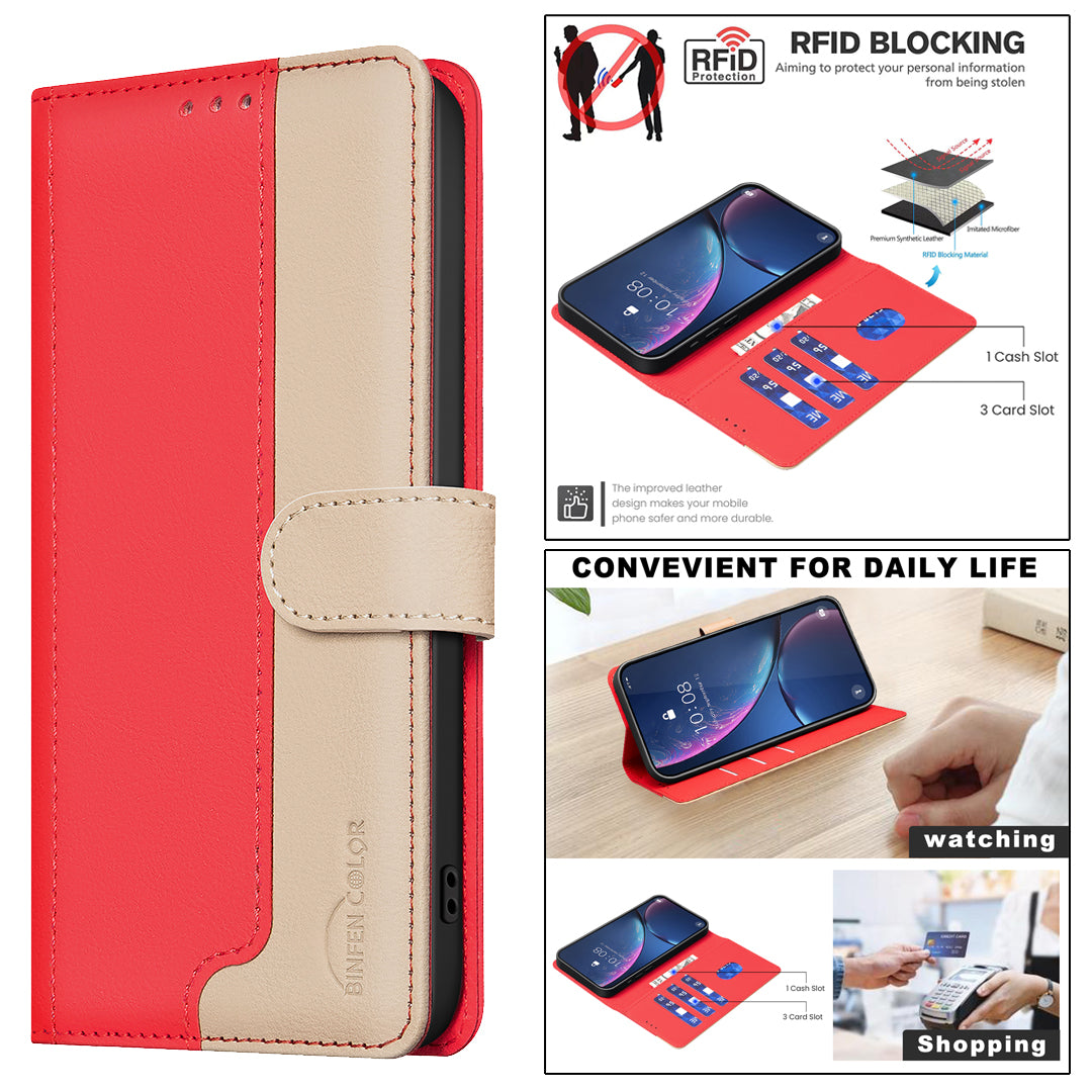 BINFEN COLOR BF33 for Samsung Galaxy A16 5G / A16 4G Leather Case Splicing Color RFID Blocking - Red