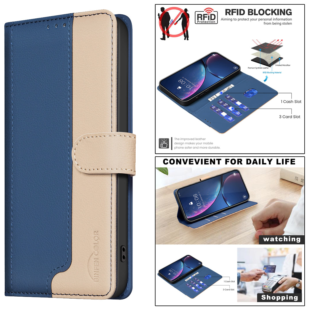BINFEN COLOR BF33 for Samsung Galaxy A16 5G / A16 4G Leather Case Splicing Color RFID Blocking - Blue