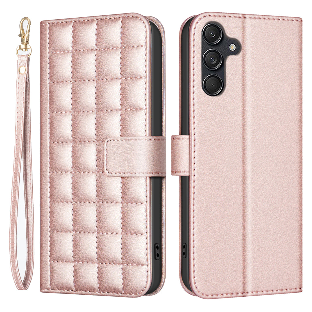 BINFEN COLOR BF34 for Samsung Galaxy A16 5G / A16 4G Leather Case Wallet Square Grid Phone Cover - Rose Gold