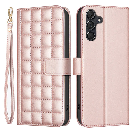 BINFEN COLOR BF34 for Samsung Galaxy A16 5G / A16 4G Leather Case Wallet Square Grid Phone Cover - Rose Gold