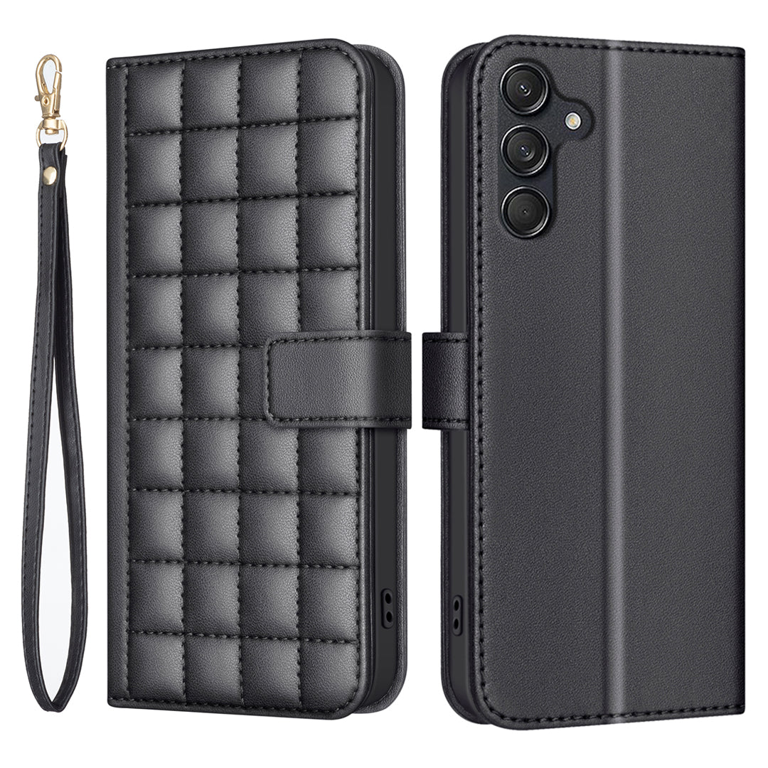 BINFEN COLOR BF34 for Samsung Galaxy A16 5G / A16 4G Leather Case Wallet Square Grid Phone Cover - Black