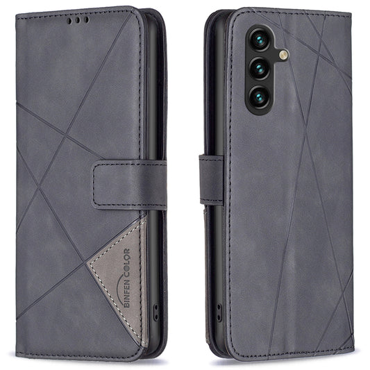BINFEN COLOR BF05 For Samsung Galaxy A16 5G / A16 4G Case Geometry Line PU Leather Phone Cover - Black