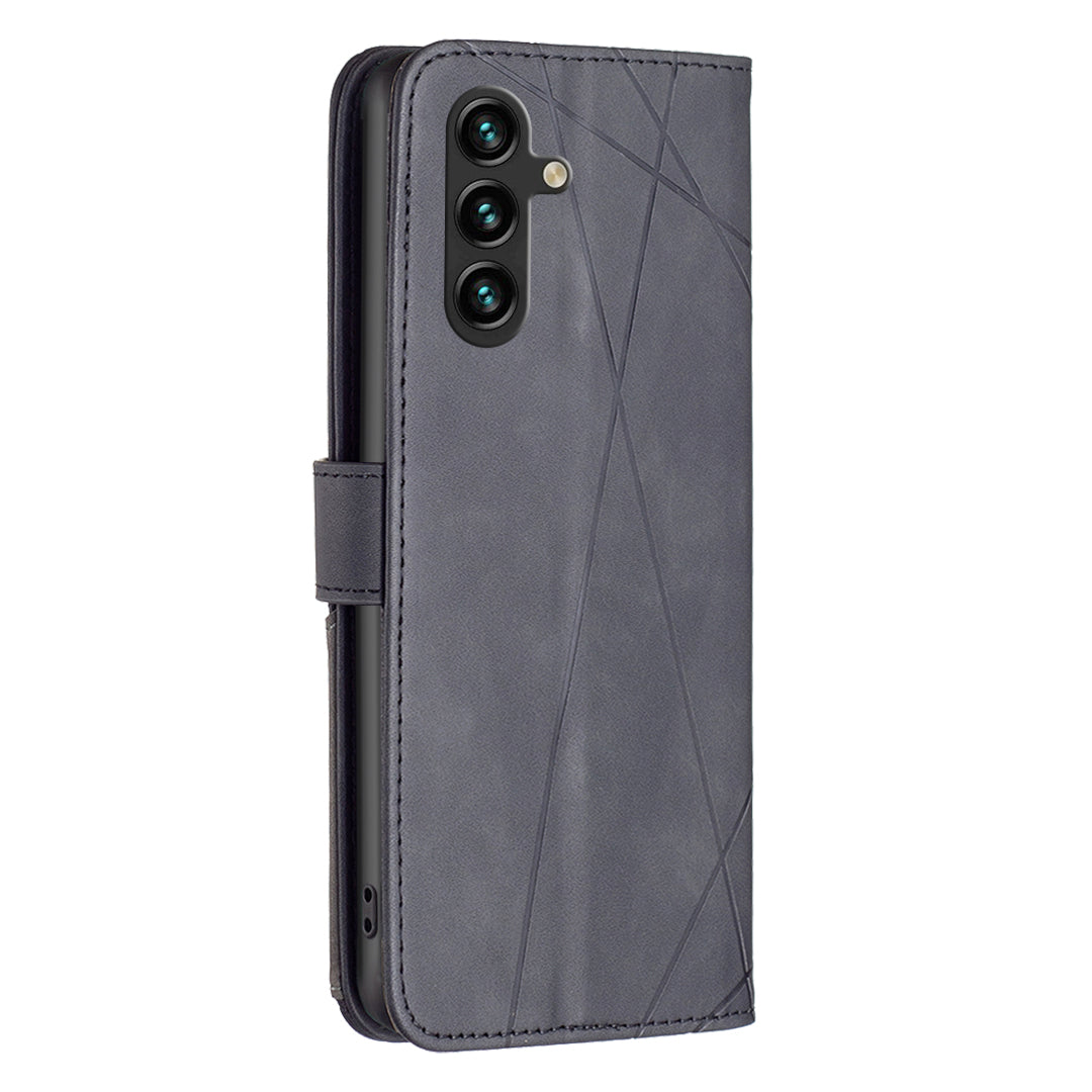 BINFEN COLOR BF05 For Samsung Galaxy A16 5G / A16 4G Case Geometry Line PU Leather Phone Cover - Black