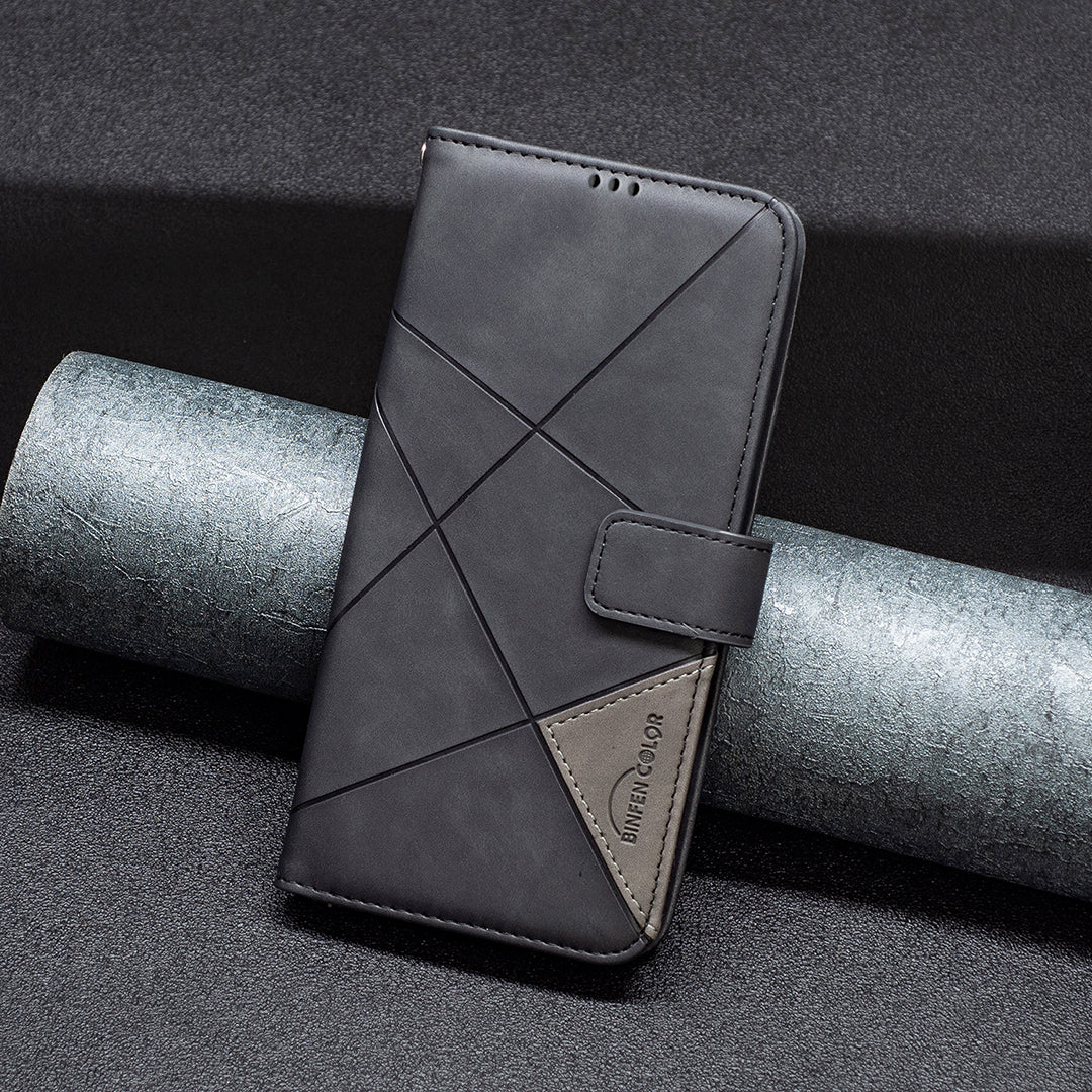 BINFEN COLOR BF05 For Samsung Galaxy A16 5G / A16 4G Case Geometry Line PU Leather Phone Cover - Black