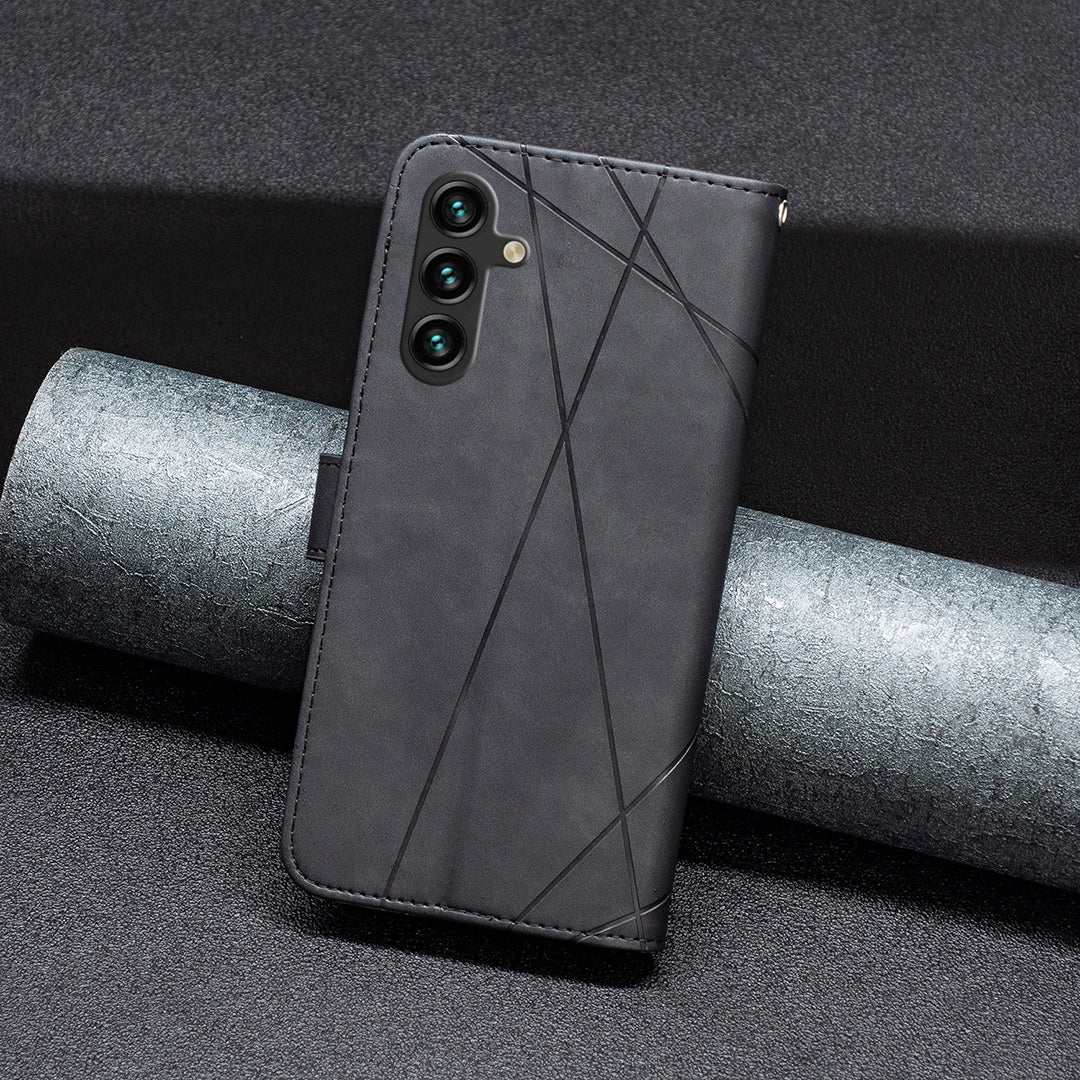 BINFEN COLOR BF05 For Samsung Galaxy A16 5G / A16 4G Case Geometry Line PU Leather Phone Cover - Black