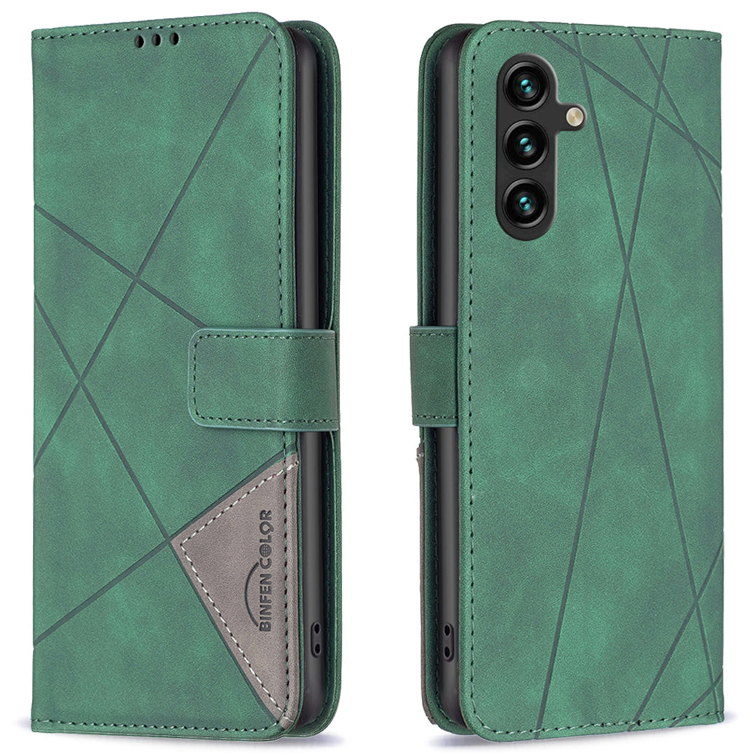 BINFEN COLOR BF05 For Samsung Galaxy A16 5G / A16 4G Case Geometry Line PU Leather Phone Cover - Green