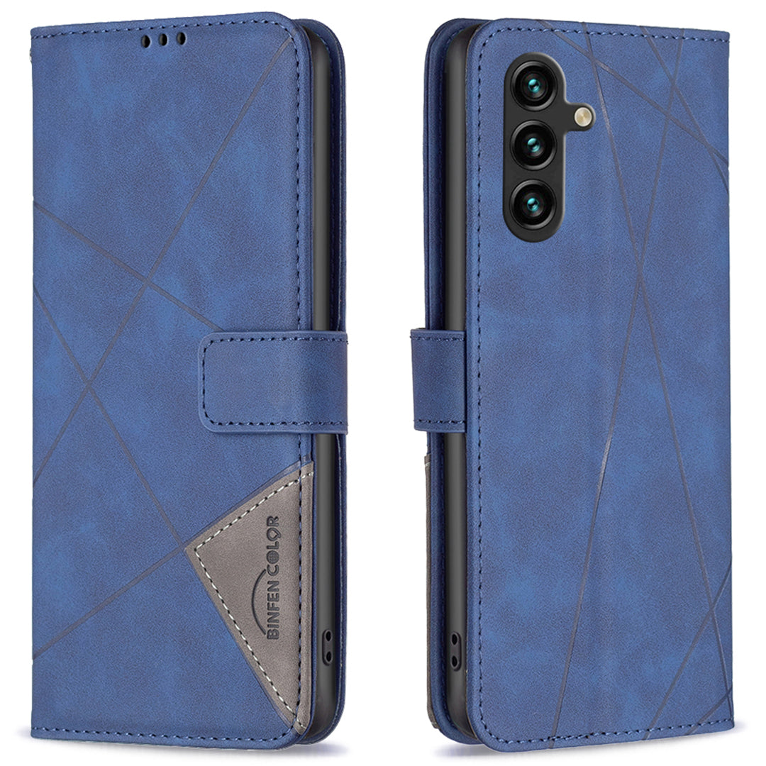 BINFEN COLOR BF05 For Samsung Galaxy A16 5G / A16 4G Case Geometry Line PU Leather Phone Cover - Blue