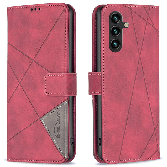 BINFEN COLOR BF05 For Samsung Galaxy A16 5G / A16 4G Case Geometry Line PU Leather Phone Cover - Red
