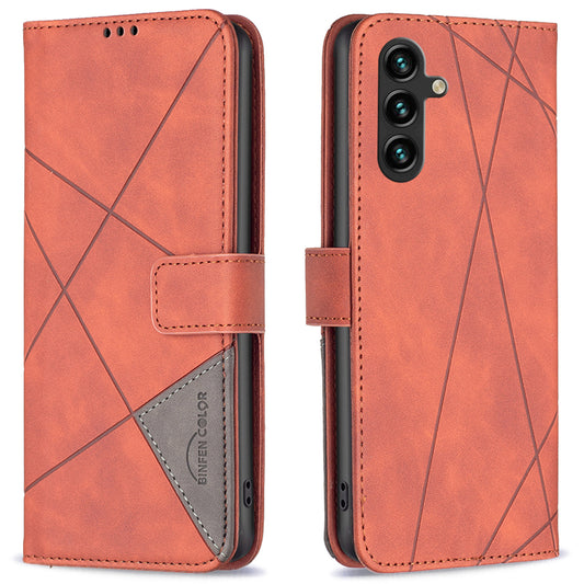 BINFEN COLOR BF05 For Samsung Galaxy A16 5G / A16 4G Case Geometry Line PU Leather Phone Cover - Brown