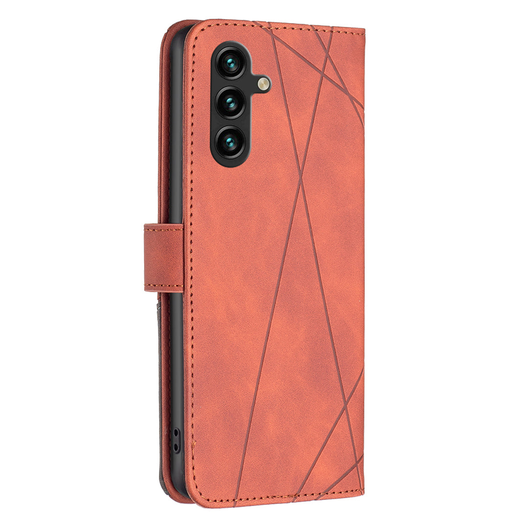 BINFEN COLOR BF05 For Samsung Galaxy A16 5G / A16 4G Case Geometry Line PU Leather Phone Cover - Brown