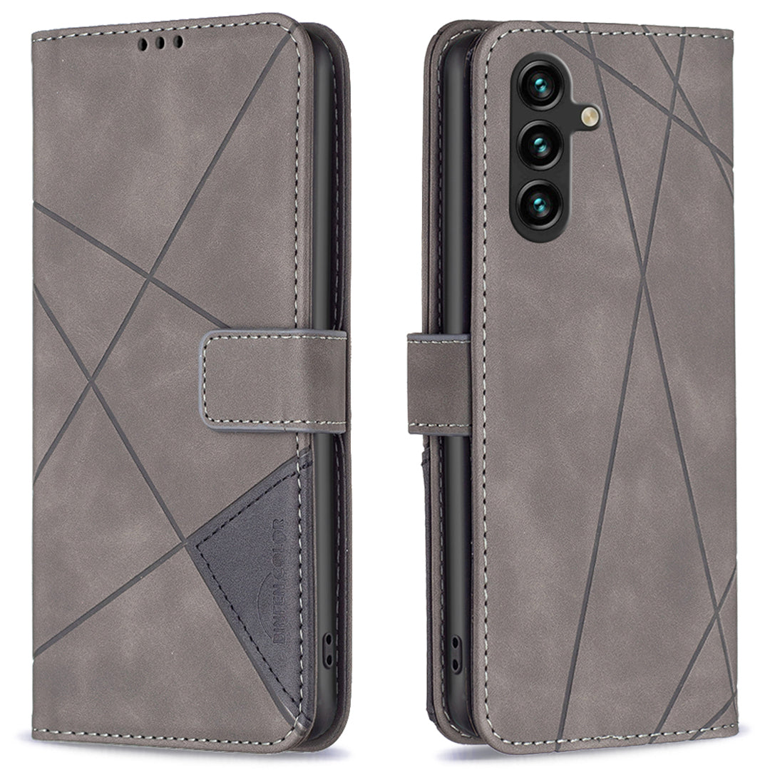 BINFEN COLOR BF05 For Samsung Galaxy A16 5G / A16 4G Case Geometry Line PU Leather Phone Cover - Grey