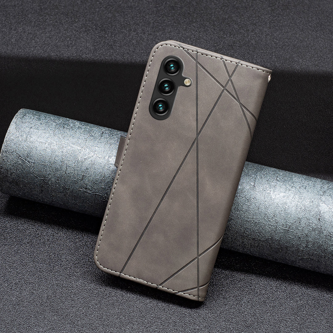 BINFEN COLOR BF05 For Samsung Galaxy A16 5G / A16 4G Case Geometry Line PU Leather Phone Cover - Grey
