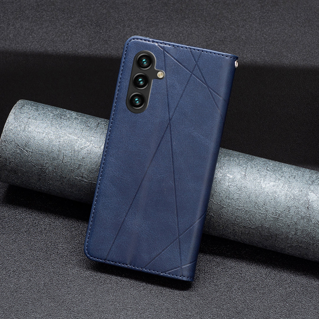 For Samsung Galaxy A16 5G / A16 4G Case Card Slots Geometry Imprint Leather Phone Cover - Blue