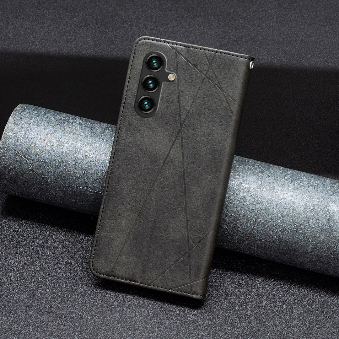 For Samsung Galaxy A16 5G / A16 4G Case Card Slots Geometry Imprint Leather Phone Cover - Black