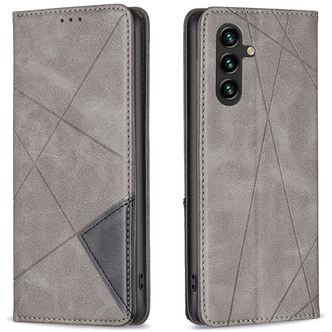 For Samsung Galaxy A16 5G / A16 4G Case Card Slots Geometry Imprint Leather Phone Cover - Grey