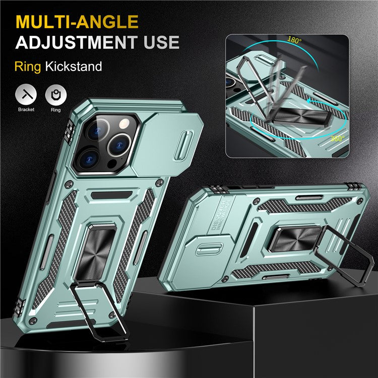 Armor Series For iPhone 16 Pro Case Slide Lens Lid PC+TPU Anti-Drop Kickstand Phone Cover - Green