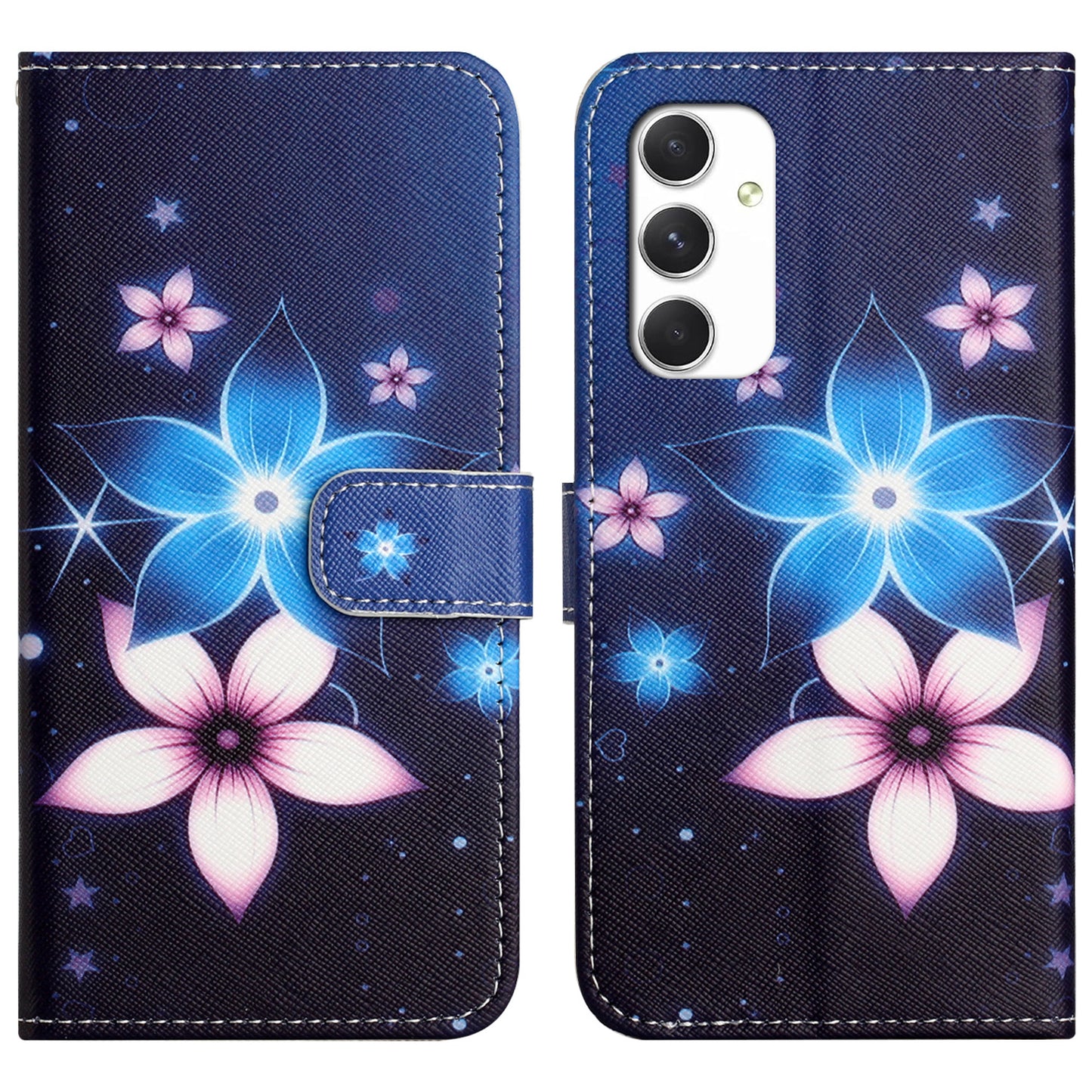 For Samsung Galaxy A16 5G / A16 4G Case Pattern Print PU Leather Wallet Phone Cover Cross Texture - Blue Flower