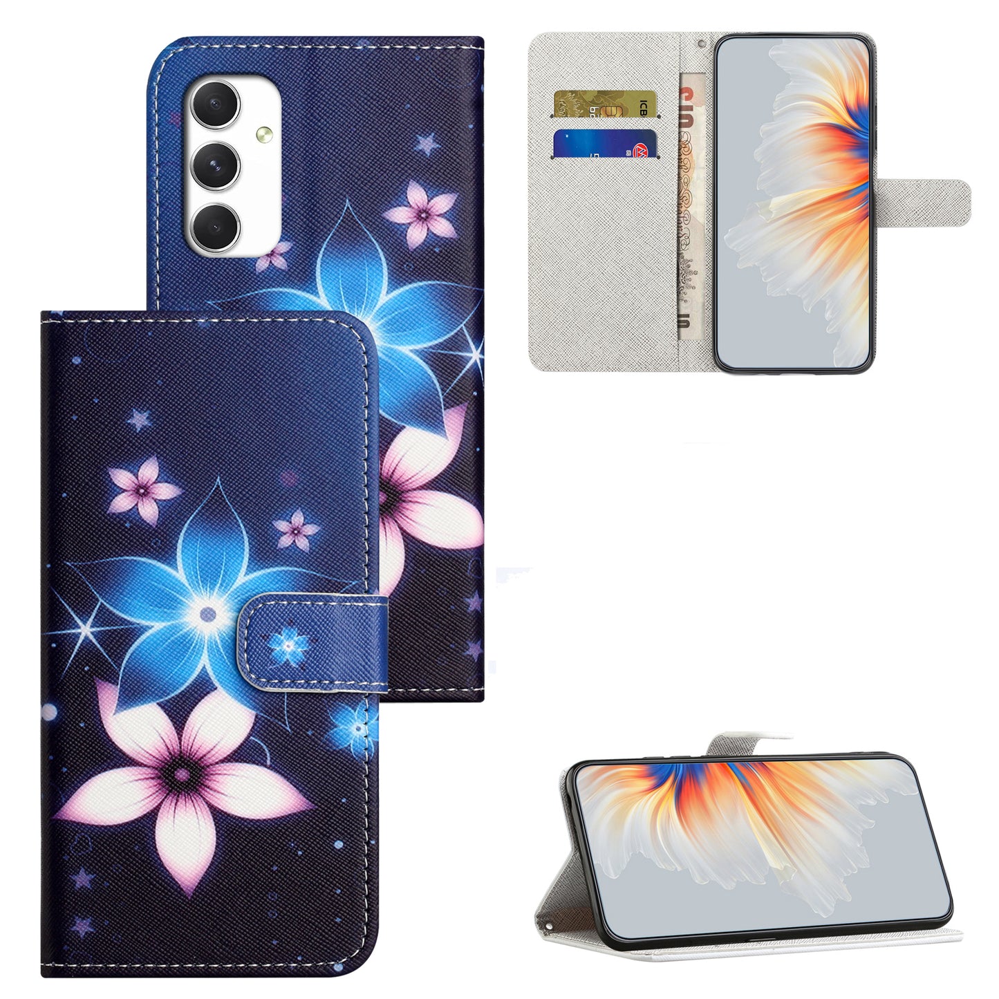 For Samsung Galaxy A16 5G / A16 4G Case Pattern Print PU Leather Wallet Phone Cover Cross Texture - Blue Flower