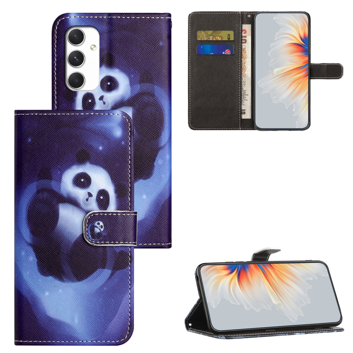 For Samsung Galaxy A16 5G / A16 4G Case Pattern Print PU Leather Wallet Phone Cover Cross Texture - Panda