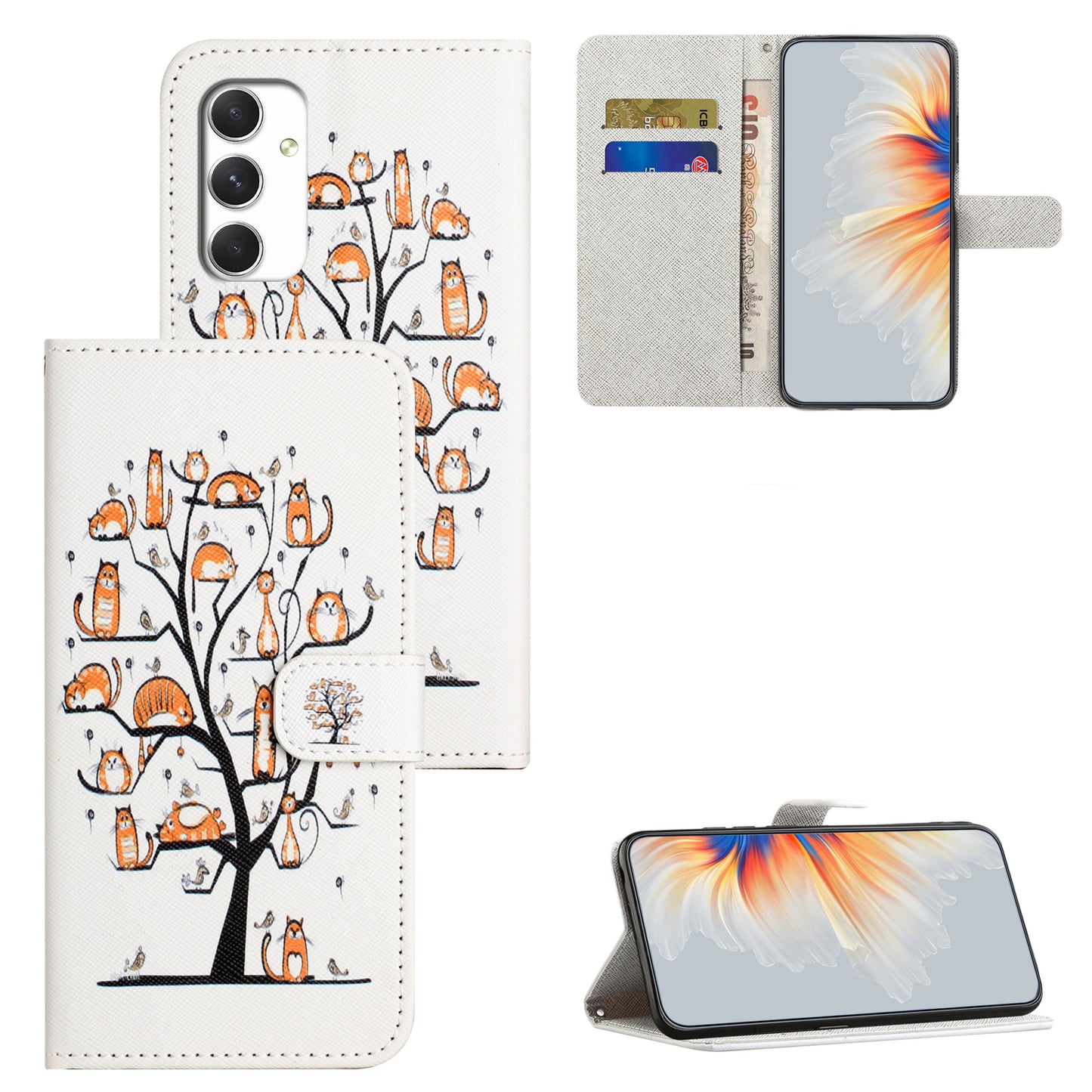 For Samsung Galaxy A16 5G / A16 4G Case Pattern Print PU Leather Wallet Phone Cover Cross Texture - Cat and Tree